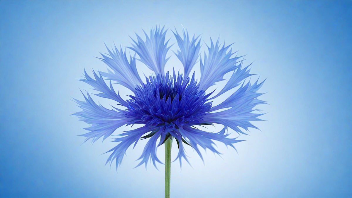 The primary subject of the image is a blue flower with a long stem. The setting is a blue background, which creates a striking contrast with the flower. The visual style is a close-up of the flower, showcasing its details. The dominant colors are blue and purple, giving the image a calm and serene atmosphere.