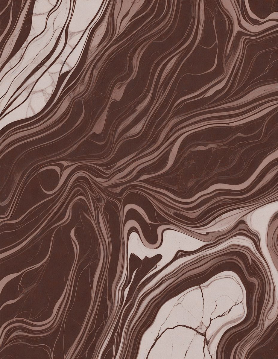 The image features a marbled stone surface with a brown and white color scheme. The primary subject is a close-up of the marbled stone, showcasing its intricate patterns and textures. The setting is a natural environment, possibly a stone wall or a countertop. The visual style is a close-up of the marbled stone, emphasizing its unique and artistic appearance. The colors and mood of the image are warm and earthy, with the brown and white tones creating a sense of natural beauty and elegance.