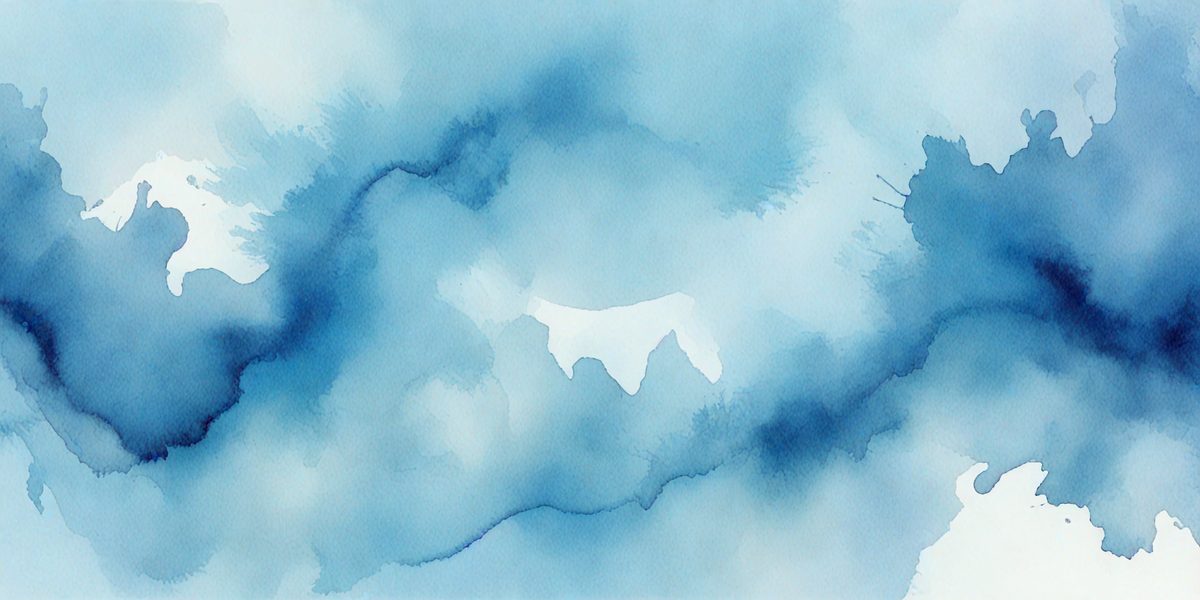The primary subject of the image is a white cloth, possibly a towel, floating in a blue, cloudy sky. The setting appears to be a cloudy day, and the visual style is a watercolor painting. The dominant colors are blue and white, creating a serene and calming atmosphere.