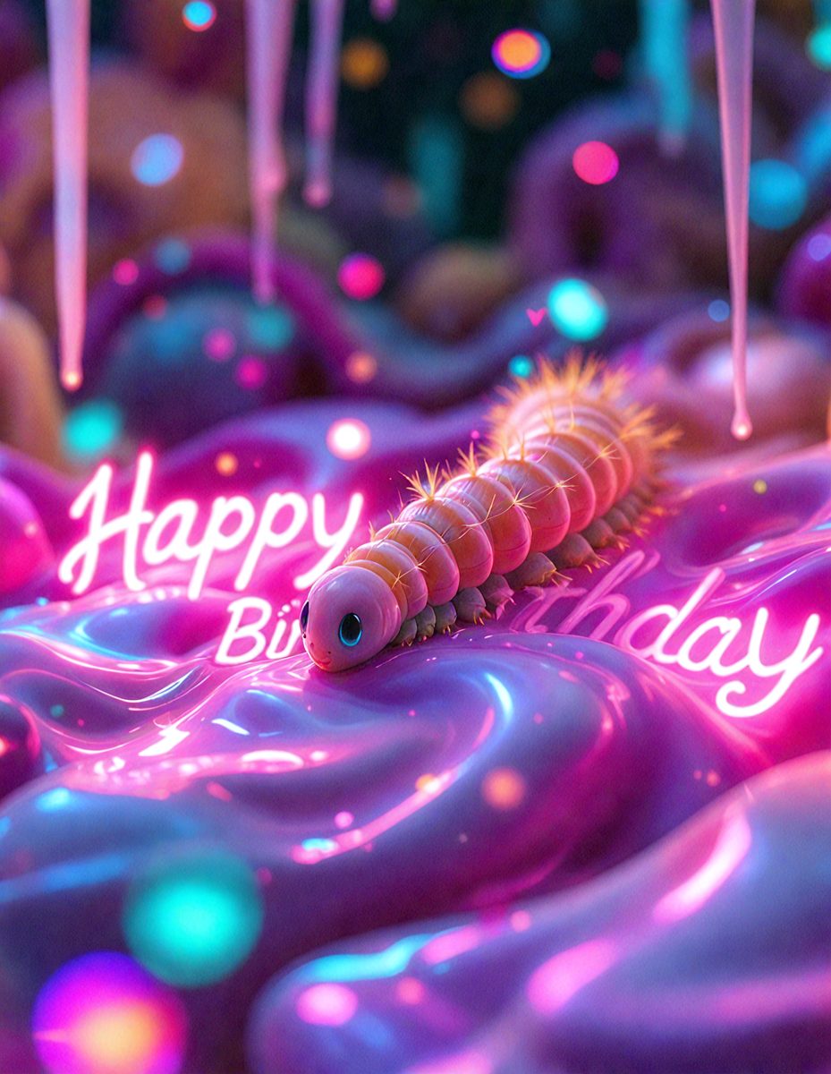 The primary subject of the image is a birthday cake with a happy birthday message. The cake is decorated with a purple and pink color scheme, and it features a happy birthday sign. The setting is a birthday celebration, and the visual style is a digital art or illustration. The colors and mood of the image are joyful and festive, with the purple and pink hues creating a warm and inviting atmosphere.