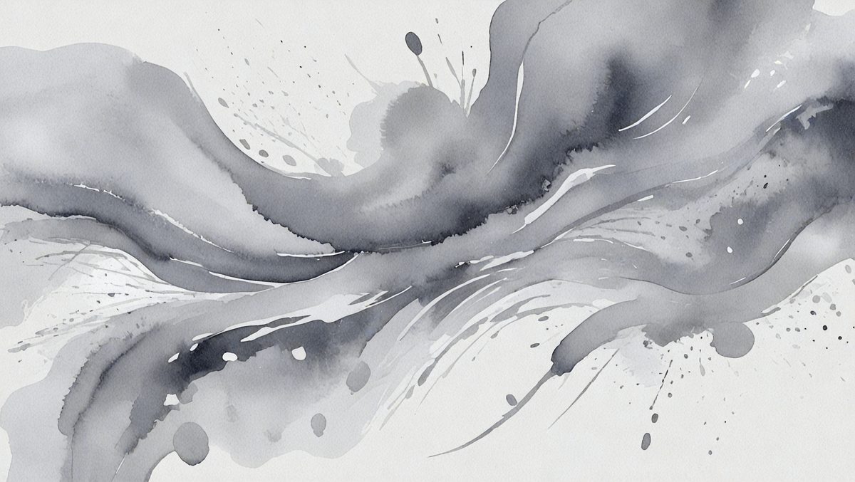 The primary subject of the image is a watercolor painting of a wave. The setting is a white background, and the visual style is a watercolor painting. The dominant colors in the painting are shades of blue and gray, creating a calm and serene atmosphere.