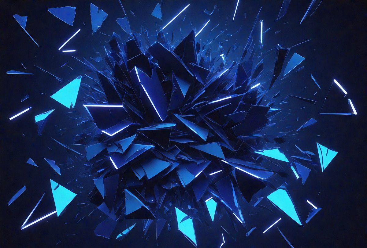 The primary subject of the image is a large, blue, geometric shape with multiple triangles and lines. The setting is a dark, blue background, which creates a contrasting and dramatic effect. The visual style is a combination of digital art and illustration, as the shape appears to be a digital creation with a hand-drawn, artistic touch. The dominant colors are blue and black, giving the image a modern and sophisticated mood.
