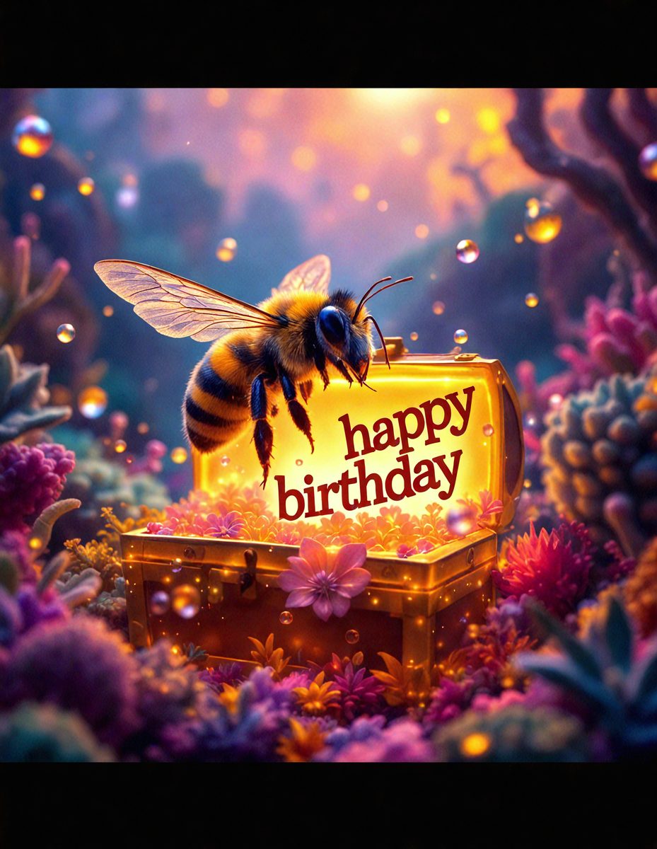 The primary subject of the image is a bee, which is sitting on top of a box that reads "Happy Birthday." The setting is a colorful and vibrant environment, with the bee surrounded by flowers and a background that includes a forest. The visual style is a combination of photo and digital art, creating a unique and eye-catching scene. The colors and mood of the image are predominantly bright and cheerful, reflecting the celebratory nature of the "Happy Birthday" message.
