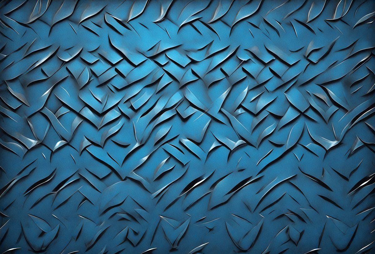 The primary subject of the image is a blue wall with a pattern of swirls and curves. The setting is a room with a blue background, and the visual style appears to be a combination of digital art and illustration. The dominant colors are blue and silver, creating a calm and soothing atmosphere.