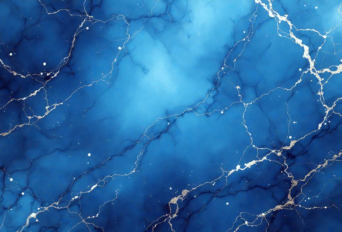 The primary subject of the image is a blue and white marbled surface, which appears to be a wall or a piece of art. The setting is a room with a blue and white marbled wall, and the visual style is a close-up of the marbled surface. The colors and mood of the image are predominantly blue and white, creating a calm and serene atmosphere.