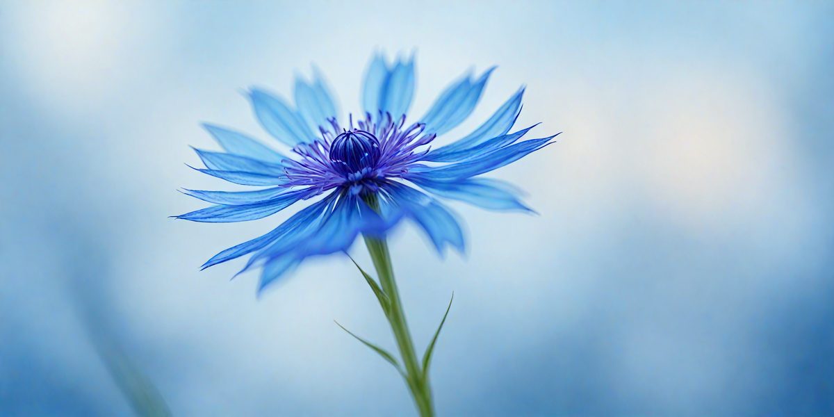 The primary subject of the image is a single blue flower, which is the main focus of the scene. The setting is a blue background, which creates a serene and calming atmosphere. The visual style is a close-up of the flower, showcasing its details and beauty. The dominant colors in the image are blue and purple, which contribute to the overall mood of the scene.