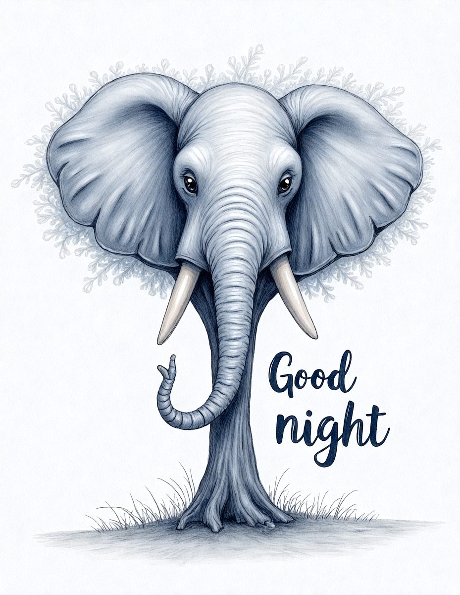 The primary subject of the image is a large, blue elephant. The elephant is standing in a grassy field, with a tree in the background. The visual style of the image is a digital art or illustration, giving it a unique and creative appearance. The colors and mood of the image are predominantly blue and green, creating a calm and serene atmosphere.