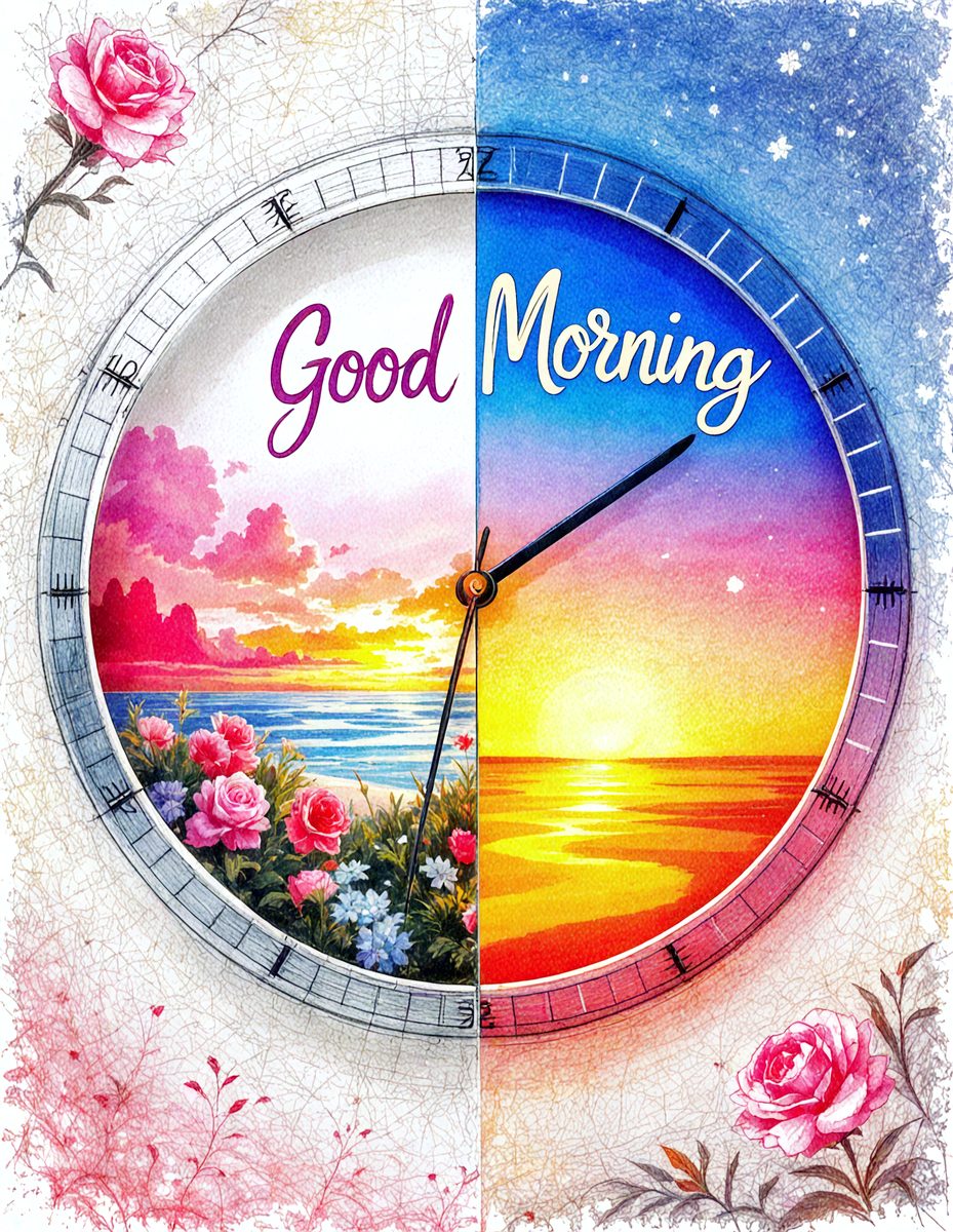 The primary subject of the image is a clock with a sunset scene on one side and a beach scene on the other. The clock is set against a backdrop of a pink and white floral pattern. The visual style of the image is a combination of digital art and illustration, creating a vibrant and colorful scene. The dominant colors in the image are pink, white, and orange, giving the overall atmosphere a warm and inviting feel.