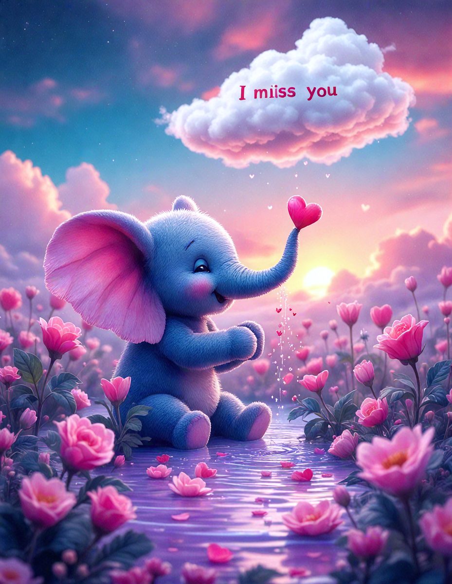 The primary subject of the image is a cute, pink elephant with a heart on its trunk. The elephant is sitting in a field of pink flowers, which adds a sense of warmth and beauty to the scene. The setting appears to be a whimsical, fantasy-like environment, possibly a part of a children's story or a fairy tale. The visual style of the image is a combination of digital art and illustration, creating a vibrant and lively atmosphere. The colors and mood of the image are predominantly pink and warm, evoking feelings of love, innocence, and happiness.