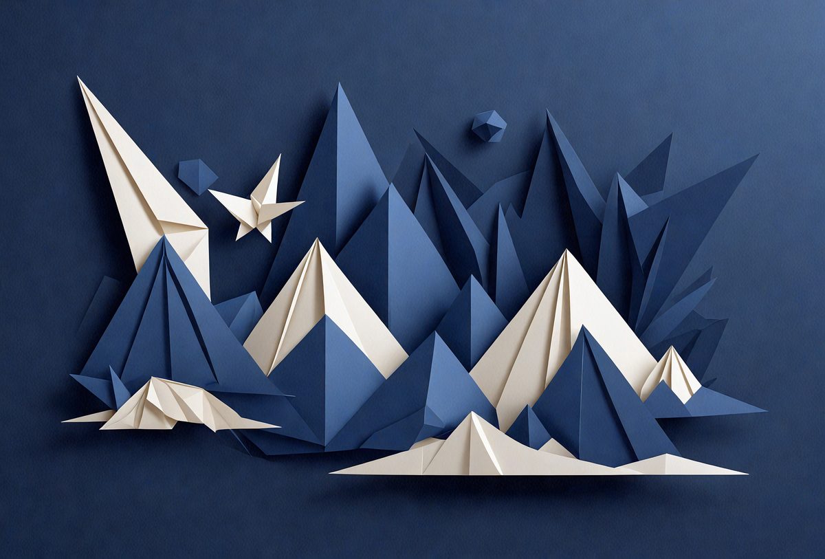The primary subject of the image is a mountain range made of paper. The setting is a blue background, which creates a contrast with the white paper. The visual style is a combination of digital art and illustration, as the paper cutouts are arranged to form a mountain landscape. The colors and mood of the image are predominantly blue and white, giving it a calm and serene atmosphere.