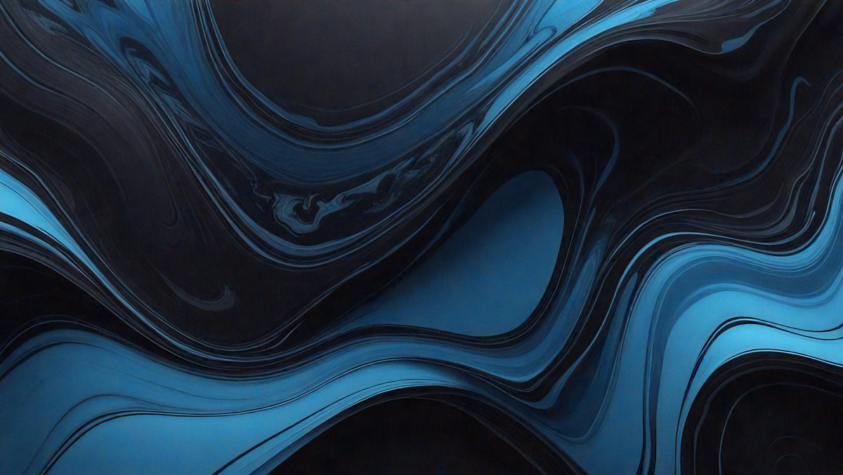 The primary subject of the image is a blue, swirling, and flowing pattern. The setting is a dark background, which contrasts with the vibrant blue color of the pattern. The visual style appears to be a digital art or illustration, as the swirls and flowing lines are intricately detailed. The dominant colors are blue and black, creating a sense of depth and movement in the artwork.