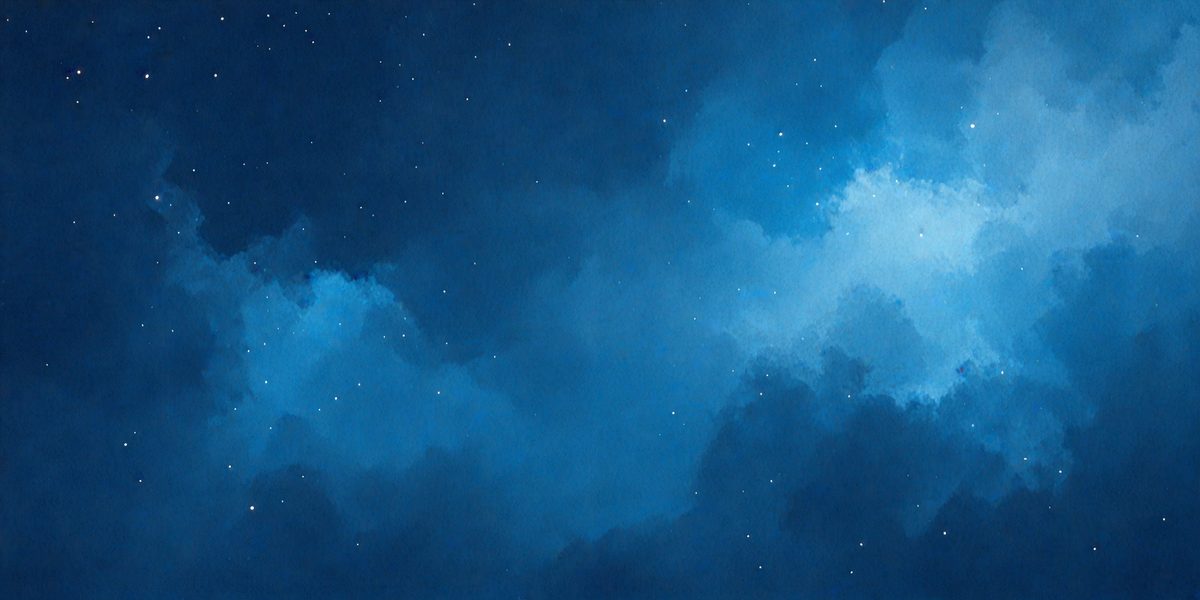 The primary subject of the image is a beautiful blue sky filled with clouds. The setting is a nighttime scene, with the sky being the main focus. The visual style is a painting, which adds a sense of artistic expression to the image. The colors and mood are predominantly blue, creating a serene and peaceful atmosphere.