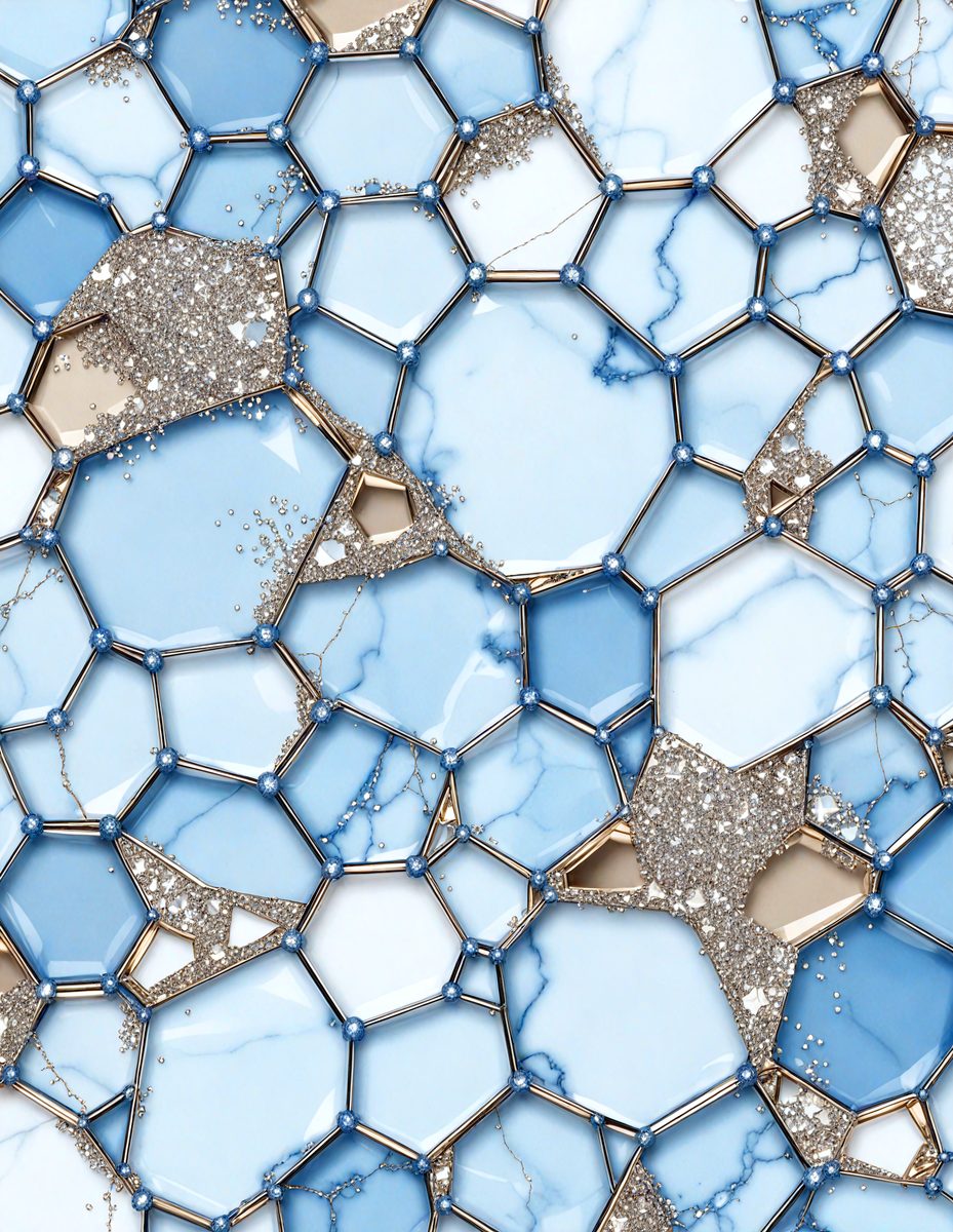 The primary subject of the image is a close-up of a blue and white patterned surface, which appears to be a marbled or textured material. The setting is a blue background, and the visual style is a close-up of the pattern. The colors and mood of the image are predominantly blue and white, creating a calm and serene atmosphere.