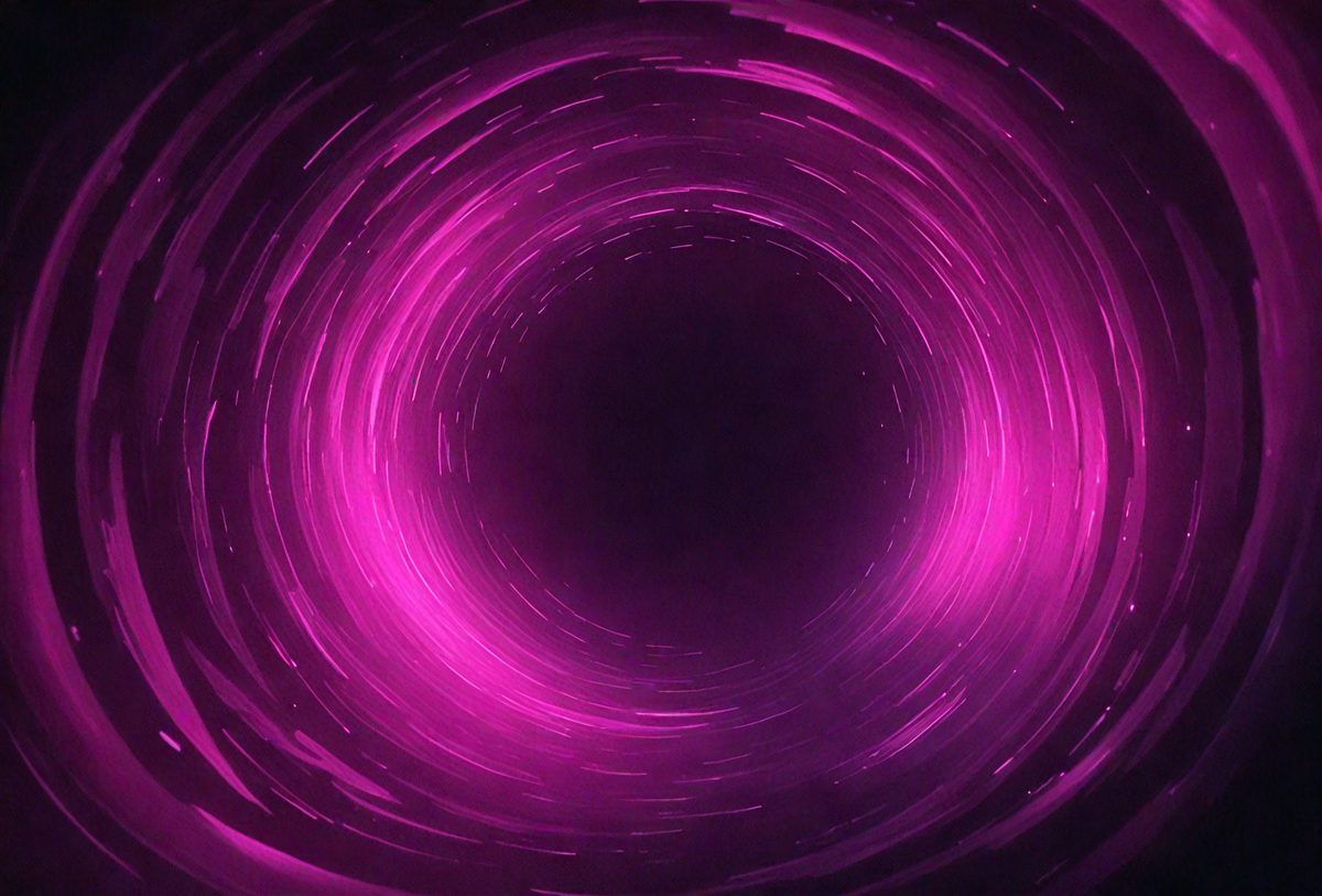 The primary subject of the image is a purple tunnel or a large, pink, spiral-like structure. The setting is a dark, purple background, which contrasts with the bright pink tunnel. The visual style appears to be a digital art or illustration, as the tunnel has a smooth, curved shape and the colors are vibrant and eye-catching. The overall atmosphere of the image is one of intrigue and curiosity, as the viewer is drawn into the tunnel or spiral structure.