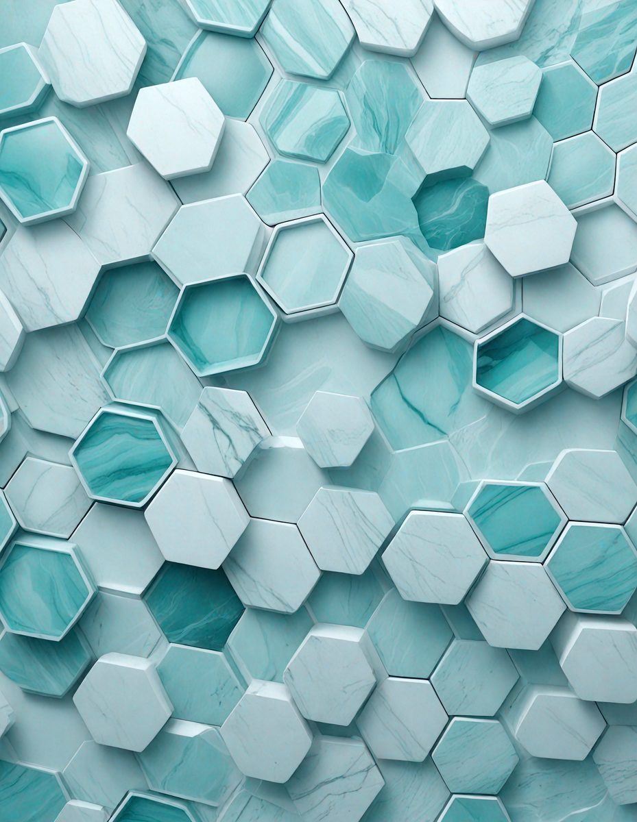 The primary subject of the image is a blue and white marble wall with a hexagonal pattern. The setting is a bathroom, and the visual style is a photo. The dominant colors are blue and white, creating a clean and elegant atmosphere.