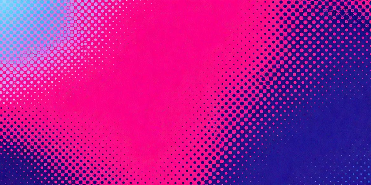 The primary subject of the image is a large, pink, polka-dotted surface. The setting is a brightly colored, patterned background. The visual style is a combination of a photo and a digital art, illustration, or drawing. The dominant colors are pink and blue, creating a lively and cheerful atmosphere.