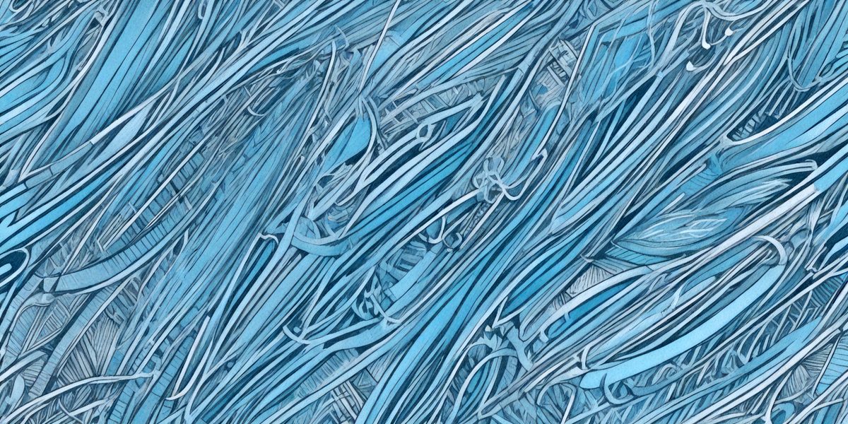 The primary subject of the image is a blue background with a pattern of intertwined metal objects. The setting appears to be a futuristic or industrial environment. The visual style is a combination of digital art and illustration, creating a unique and intricate design. The dominant colors are blue and silver, giving the image a calm and sophisticated atmosphere.