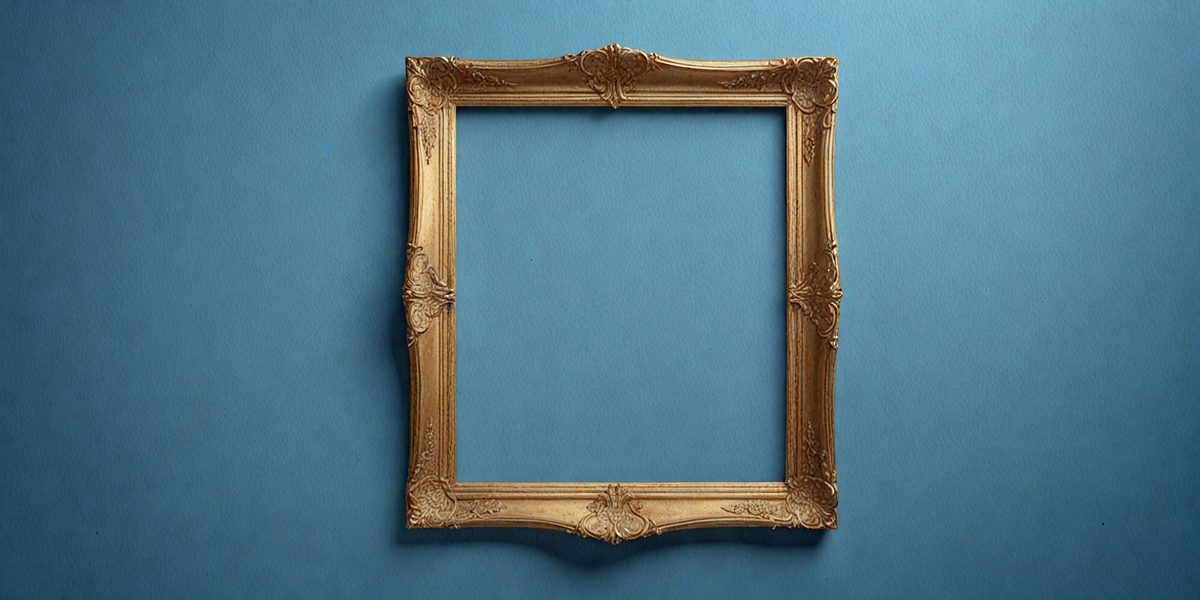 The primary subject of the image is a gold-framed picture, which is placed on a blue background. The setting appears to be a room with a blue wall, and the visual style is a combination of a photo and a drawing. The colors in the image are predominantly blue and gold, creating a calm and elegant atmosphere.