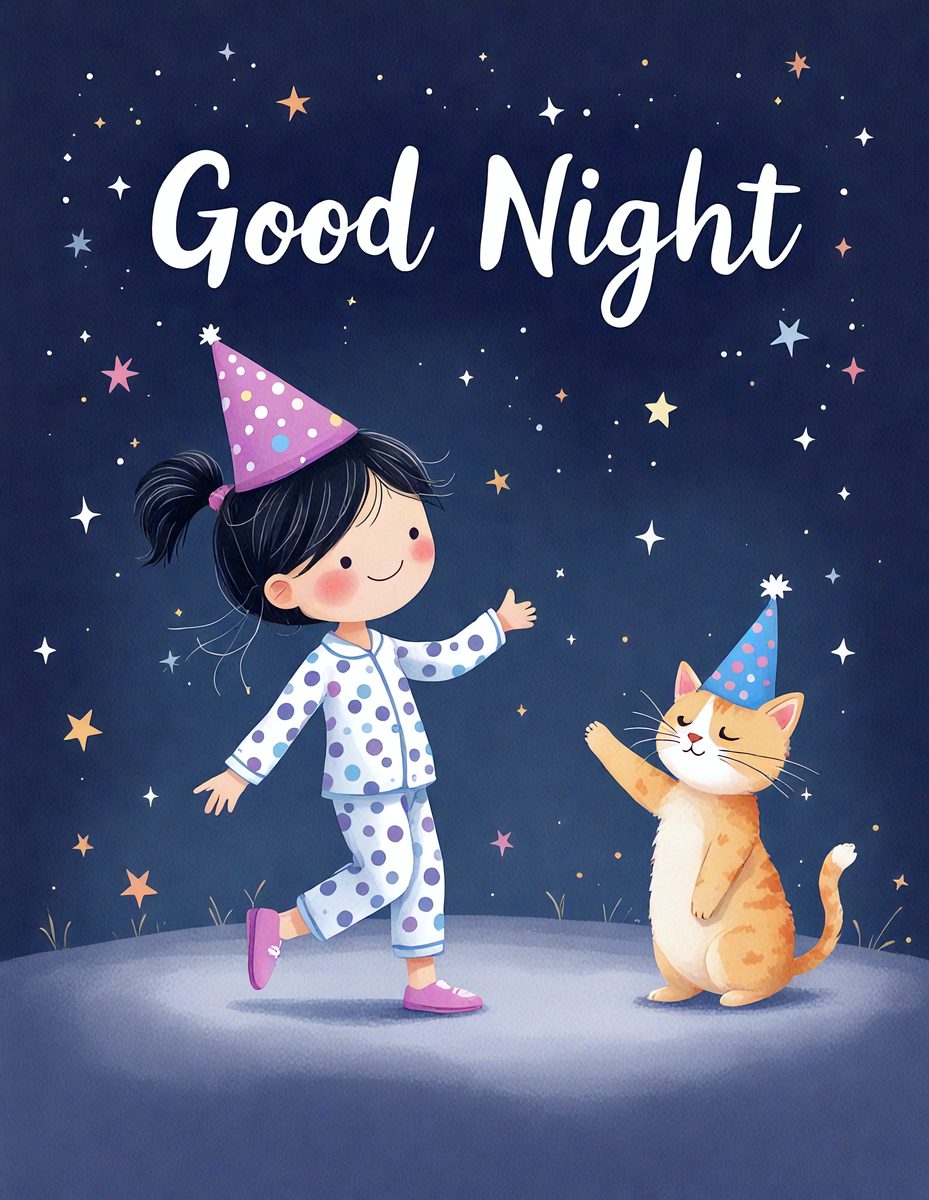 The primary subject of the image is a little girl wearing a party hat and a polka dot outfit. She is standing next to a cat, which is also wearing a party hat. The setting appears to be a nighttime scene, with the girl and the cat standing on a grassy surface. The visual style of the image is a digital art or illustration, with a colorful and lively atmosphere.