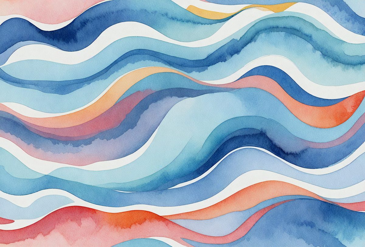 The primary subject of the image is a painting of a wave, featuring a blue and orange color scheme. The setting is a water surface, and the visual style is a digital art or illustration. The dominant colors are blue and orange, creating a vibrant and dynamic atmosphere.