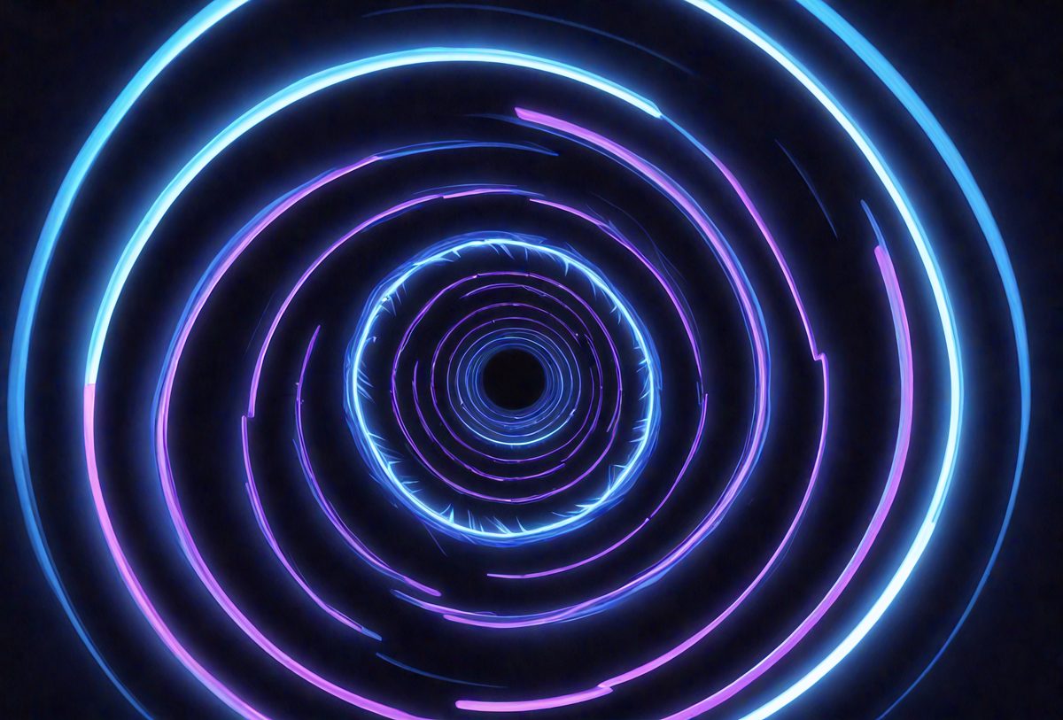 The primary subject of the image is a spiral pattern, which is a part of a larger, colorful circle. The spiral is illuminated by a blue light, creating a visually striking and vibrant scene. The setting appears to be a futuristic or technological environment, as the spiral pattern and the overall composition of the image suggest a modern, digital art style. The colors and mood of the image are predominantly blue and purple, giving it a cool and sophisticated atmosphere.