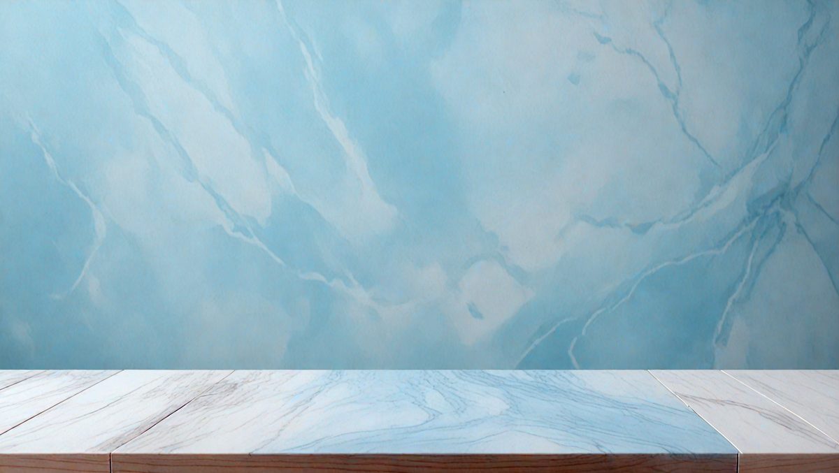 The primary subject of the image is a marble countertop with a blue wall behind it. The setting is a room with a blue wall and a marble countertop. The visual style is a photo of a marble countertop with a blue wall in the background. The colors and mood of the image are predominantly blue, creating a calm and serene atmosphere.