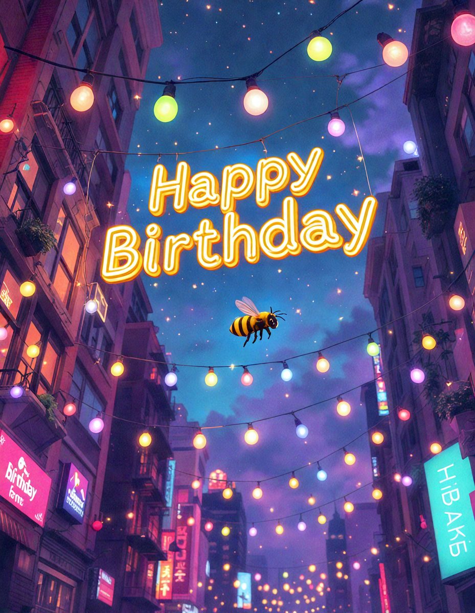 The primary subject of the image is a birthday celebration. The setting is a city street at night, with buildings and lights in the background. The visual style is a digital art or illustration, creating a festive and colorful atmosphere. The colors and mood are predominantly purple and pink, which are associated with birthdays and celebrations.