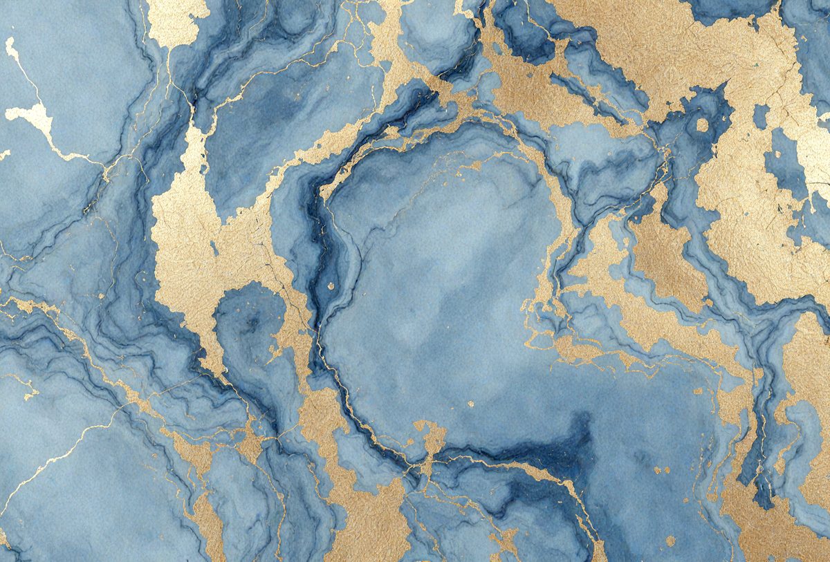 The primary subject of the image is a blue and gold marbled wall. The setting is a room with a blue and gold marbled wall, which serves as the background. The visual style is a combination of digital art and illustration, creating a unique and artistic appearance. The dominant colors are blue and gold, giving the wall a rich and luxurious appearance.