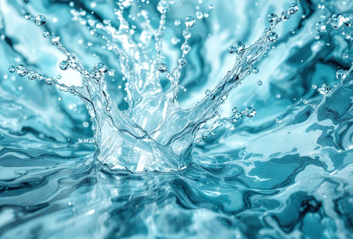 The primary subject of the image is a splash of water, which is the main focus of the scene. The water is blue and appears to be in a pool or a body of water. The setting is a clear blue water surface, which provides a contrasting background for the water splash. The visual style of the image is a close-up of the water splash, showcasing the details of the water droplets. The colors and mood of the image are predominantly blue, creating a serene and calming atmosphere.