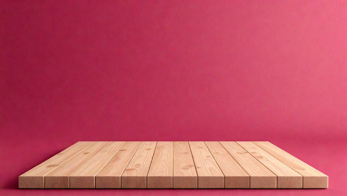 The primary subject of the image is a wooden plank or board. The setting is a pink wall, which serves as the backdrop for the wooden plank. The visual style is a photo, and the colors and mood are predominantly pink, creating a warm and inviting atmosphere.