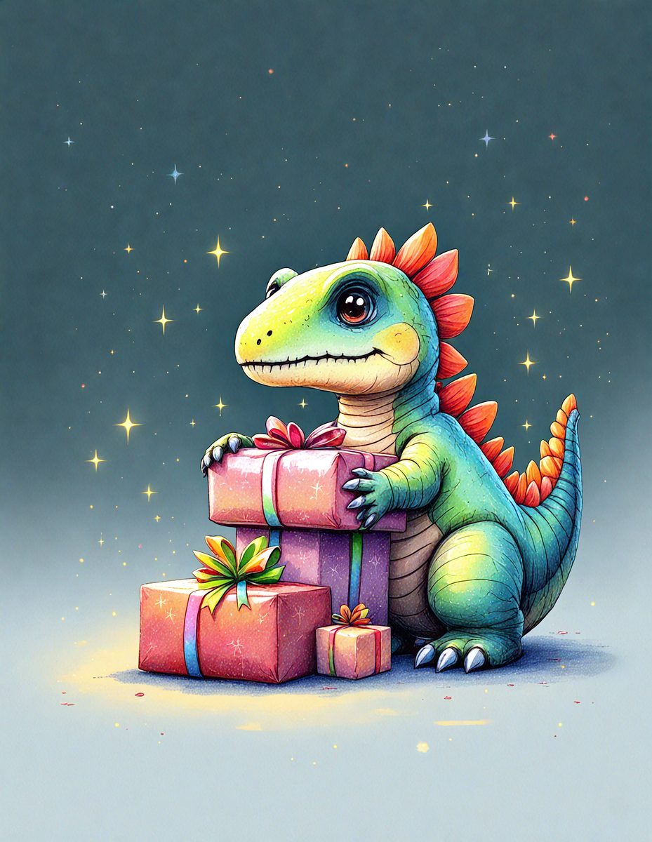 The image features a colorful cartoon dinosaur, possibly a T-Rex, holding a present in its mouth. The dinosaur is positioned in the center of the scene, with the present taking up a significant portion of the image. The background is filled with stars, adding a whimsical touch to the scene. The overall atmosphere is playful and imaginative, as the dinosaur appears to be enjoying the present.