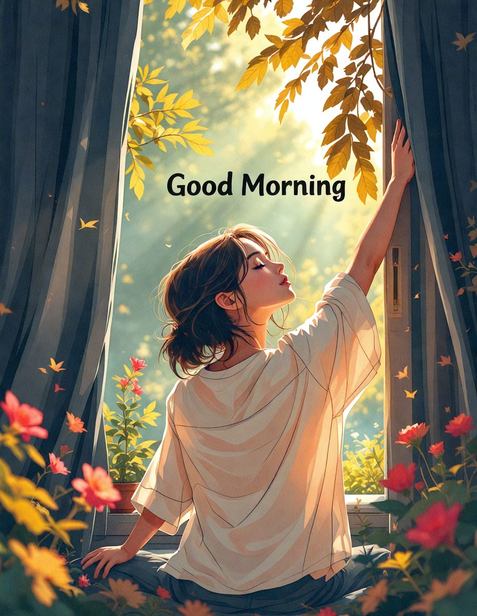 The primary subject of the image is a woman with long hair, who is leaning out of a window. She is looking up, possibly at the sky or a flower. The setting is an outdoor environment, with a window and a flower visible in the background. The visual style is a combination of digital art and illustration, creating a vibrant and lively atmosphere. The colors are predominantly warm and natural, with the woman's hair being a prominent feature.