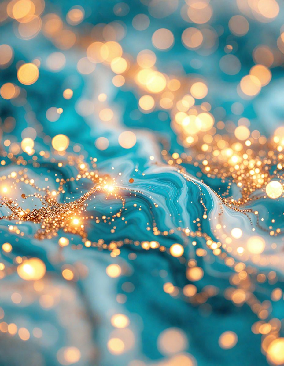 The primary subject of the image is a blue ocean with a swirling pattern of light, giving it a vibrant and lively appearance. The setting is the ocean, and the visual style is a combination of a photo and digital art, creating a unique and captivating scene. The dominant colors are blue and gold, with the blue ocean and the golden swirls of light creating a sense of energy and movement.