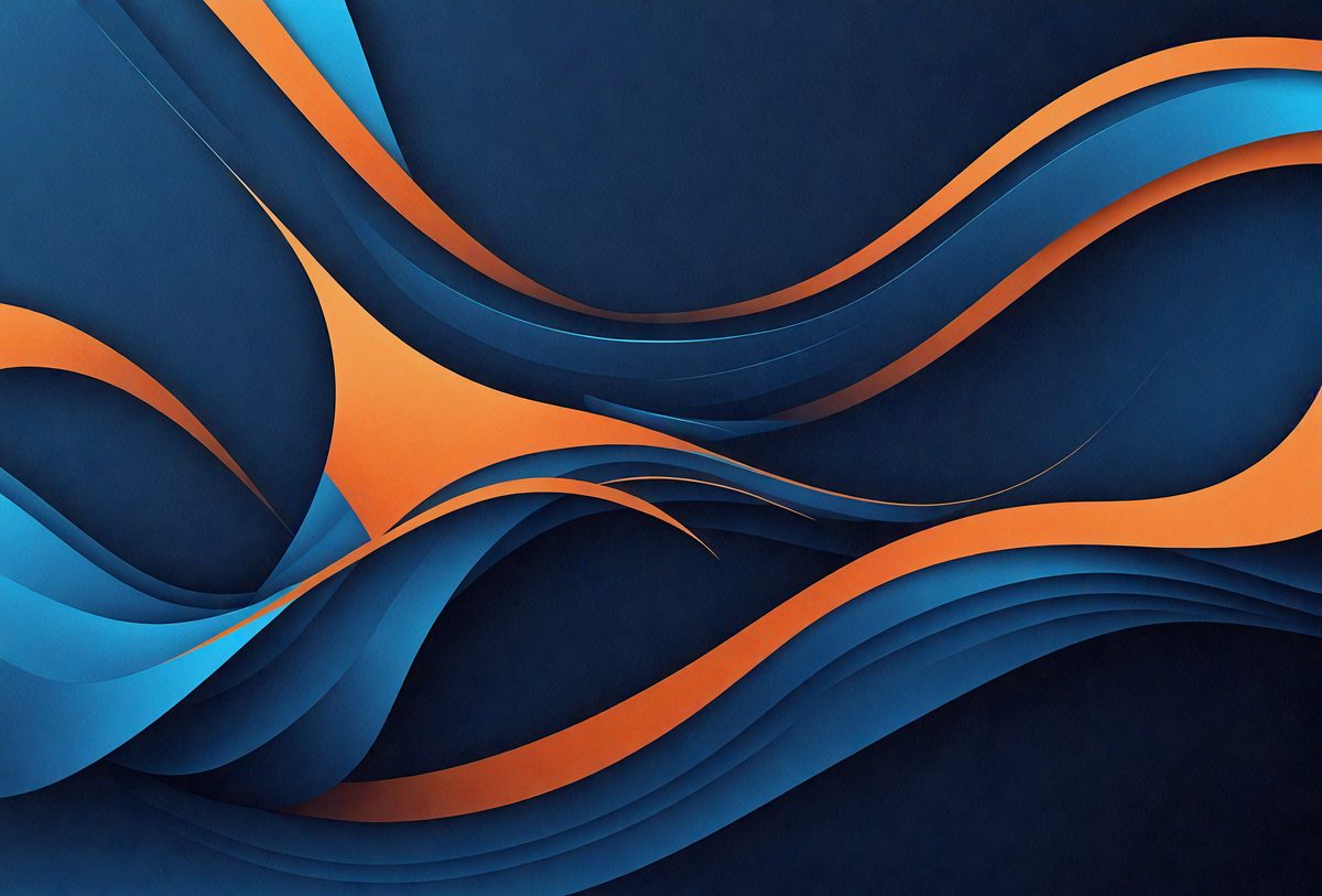 The primary subject of the image is a blue and orange abstract artwork. The setting is a dark blue background, which contrasts with the vibrant colors of the artwork. The visual style appears to be a combination of digital art and illustration, creating a unique and eye-catching design. The dominant colors are blue and orange, which evoke a sense of depth and energy in the artwork.