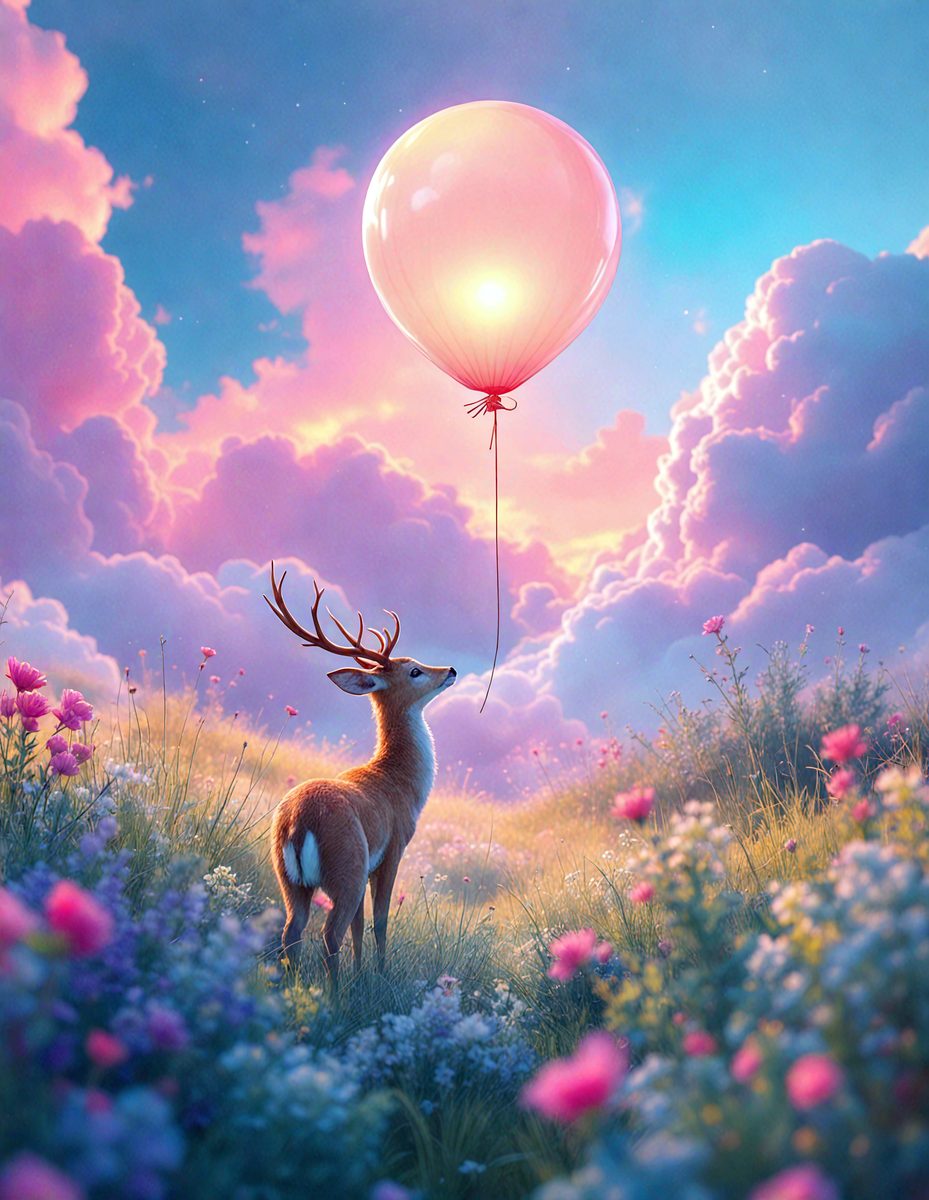 Primary subject: A deer with antlers, standing in a field of flowers.

Setting/background: The deer is standing in a field of flowers, with a cloudy sky in the background.

Visual style: The image is a digital art or illustration.

Colors and mood: The image has a vibrant and lively atmosphere, with the bright colors of the flowers and the cloudy sky creating a sense of tranquility and beauty.