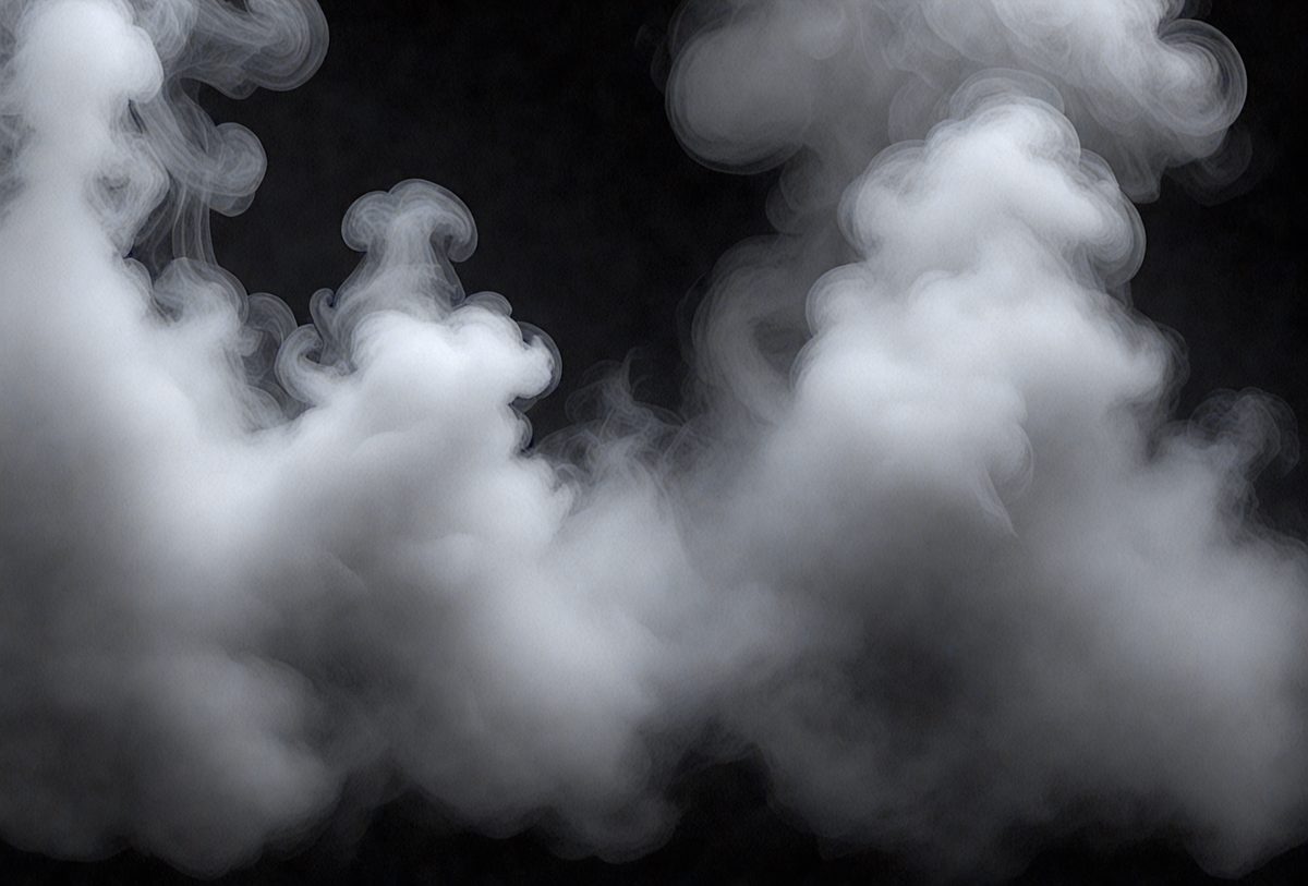 The primary subject of the image is a cloud of smoke, which is the main object, scene, or focus of the image. The setting is a dark background, and the visual style is a photo. The colors and mood of the image are predominantly dark and moody, with the smoke creating a dramatic and mysterious atmosphere.