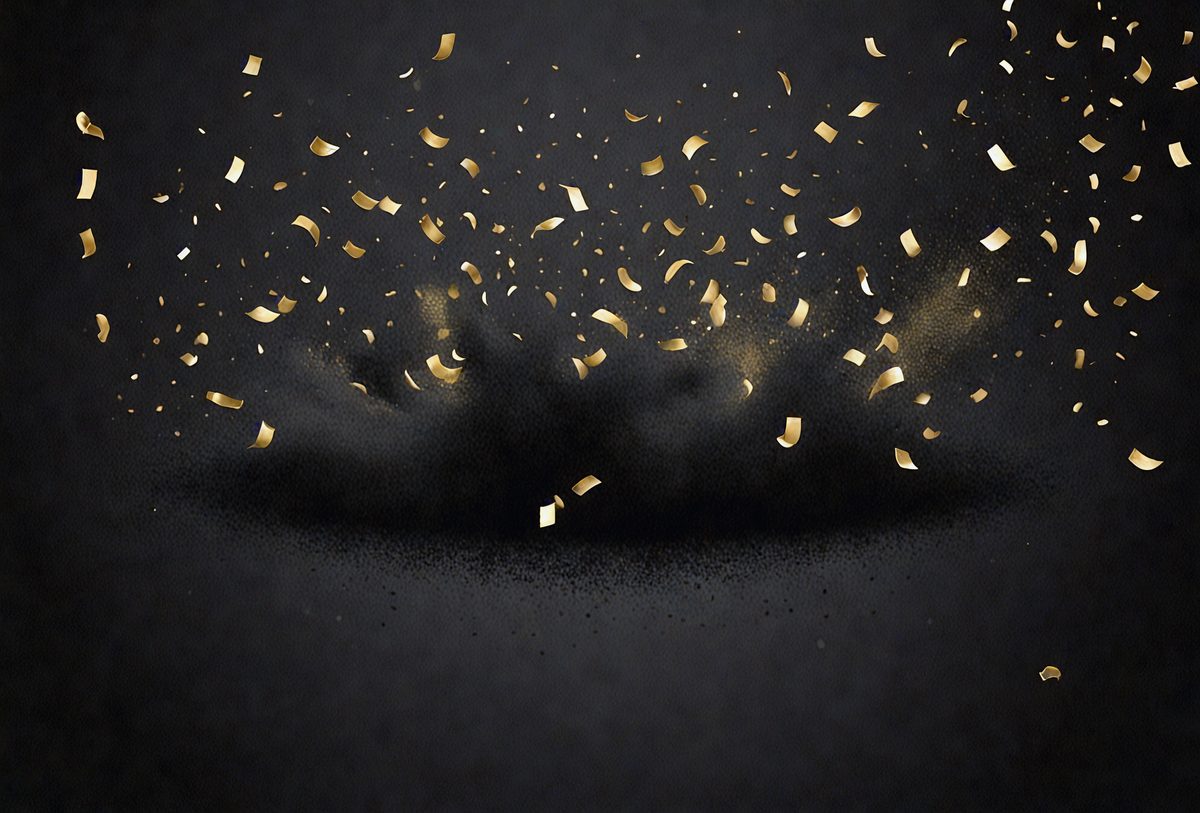 The primary subject of the image is a black background with gold confetti falling on it. The setting is a dark background, and the visual style is a digital art or illustration. The colors and mood of the image are predominantly black and gold, creating a sense of elegance and celebration.