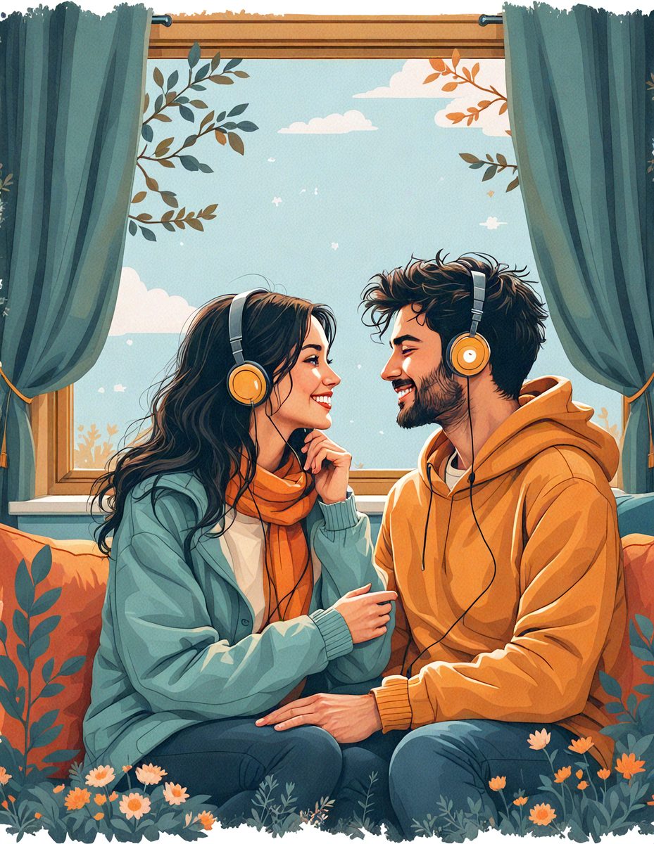 The primary subject of the image is a man and a woman sitting together, both wearing headphones. They are smiling and enjoying each other's company. The setting is a room with a couch, and the visual style is a colorful, hand-drawn illustration. The colors and mood of the image are warm and inviting, with a focus on the connection between the two individuals.