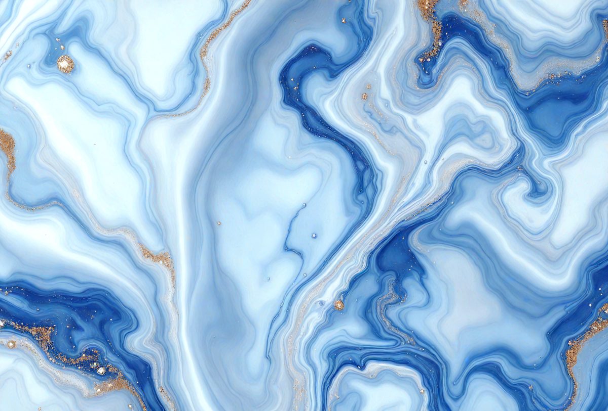 The primary subject of the image is a blue and gold marbled stone. The setting is a close-up of the marbled stone, showcasing its intricate patterns and colors. The visual style is a detailed, up-close representation of the stone. The dominant colors are blue and gold, creating a rich and luxurious atmosphere.