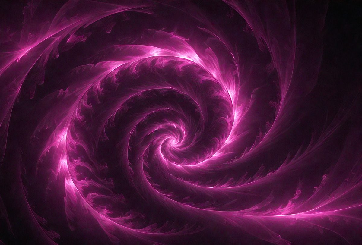 The primary subject of the image is a large, swirling, pink spiral. The spiral is the main object, scene, or focus of the image. The setting or background of the image is a dark, purple background, which contrasts with the bright pink spiral. The visual style of the image is a combination of a photo and digital art, creating a unique and eye-catching design. The colors and mood of the image are predominantly pink and purple, giving it a vibrant and lively atmosphere.
