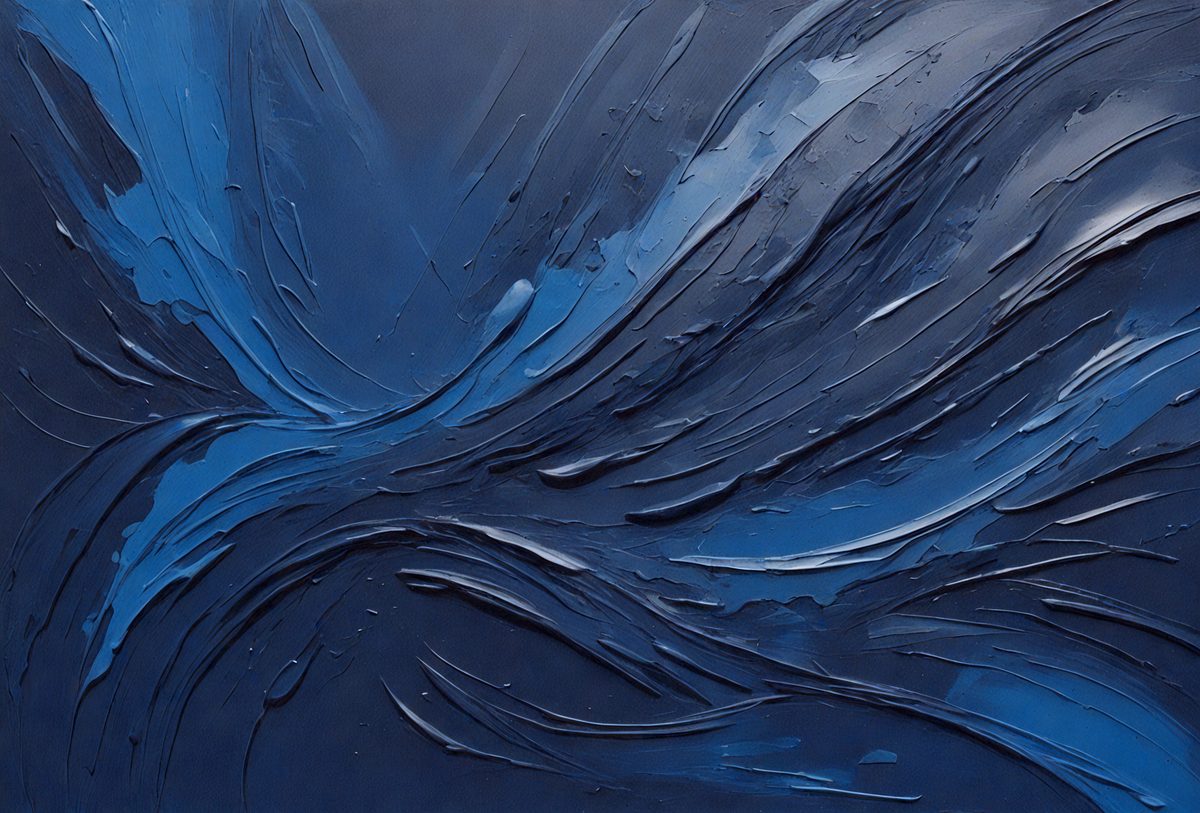 The primary subject of the image is a painting of a blue wave. The setting is a dark blue background, and the visual style appears to be a digital art or illustration. The dominant colors are blue and black, creating a calm and serene atmosphere.