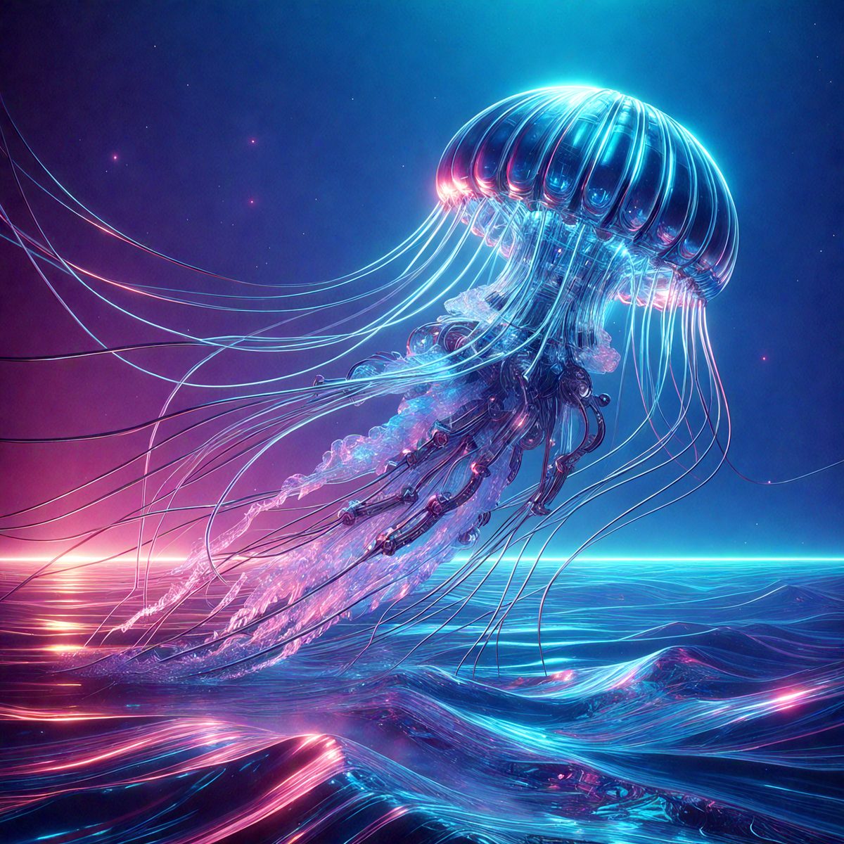 The primary subject of the image is a large, blue, and purple jellyfish floating in a blue ocean. The setting is a vast, open ocean with a blue background. The visual style is a digital art or illustration, creating a vibrant and colorful scene. The dominant colors are blue and purple, giving the image a calming and serene atmosphere.