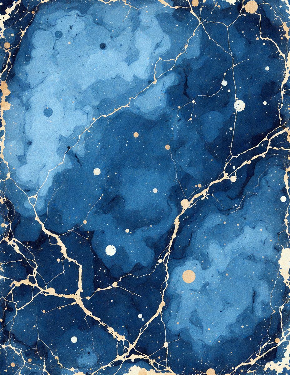 The primary subject of the image is a blue and gold painting featuring a blue background with gold stars. The setting is a blue and gold marbled surface, which adds to the visual style of the painting. The colors and mood of the painting are vibrant and lively, with the blue background and gold stars creating a sense of depth and dimension.