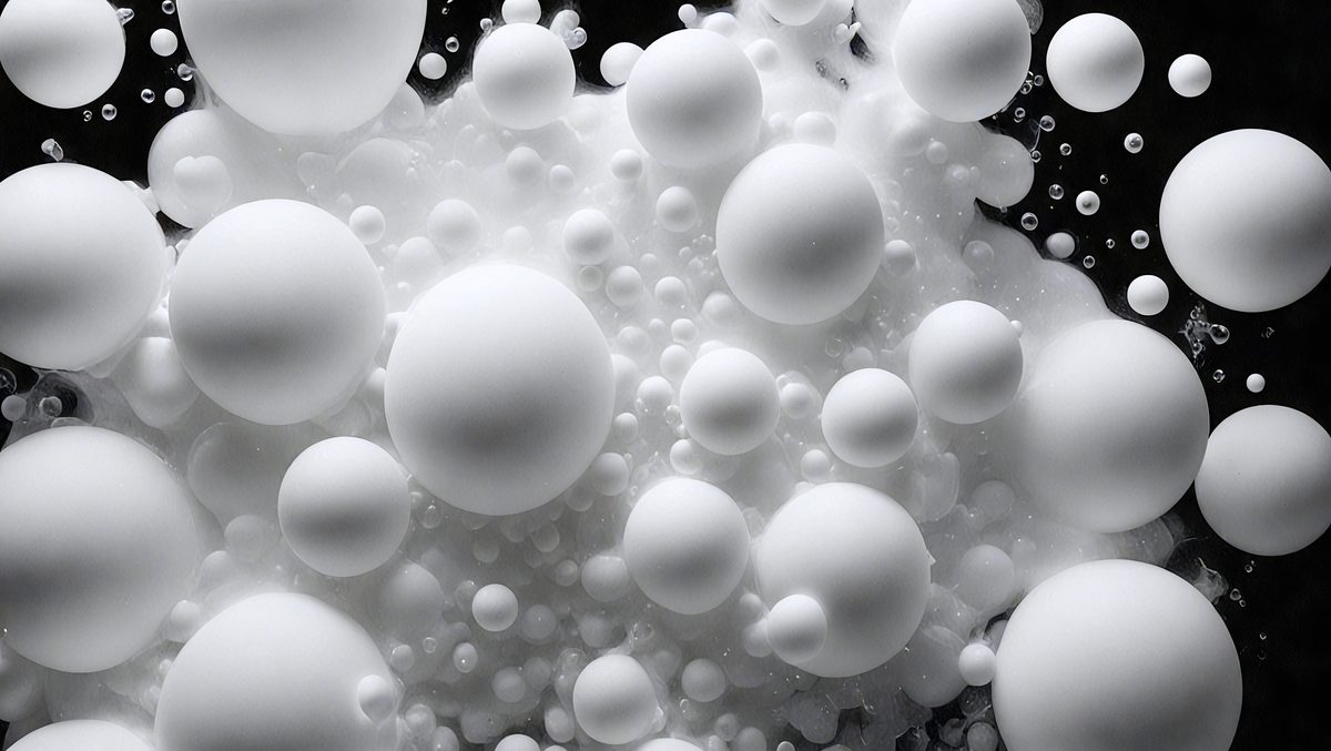 The primary subject of the image is a close-up of a white, foamy substance, possibly a soap bubble or a frothy liquid. The setting is a black background, which contrasts with the white substance, creating a visually striking scene. The visual style appears to be a close-up of a pattern, possibly a digital art or illustration, with a focus on the white bubbles. The colors and mood of the image are predominantly white, giving it a clean and fresh appearance.