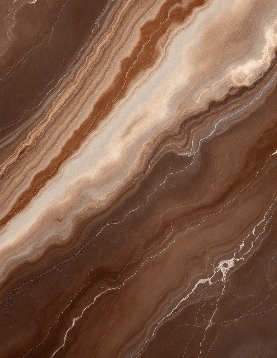 The primary subject of the image is a marble slab with a unique and intricate pattern. The setting is a natural environment, possibly a stone or marble workshop. The visual style is a close-up of the marble slab, showcasing its texture and details. The colors and mood of the image are predominantly earthy tones, giving it a natural and elegant appearance.