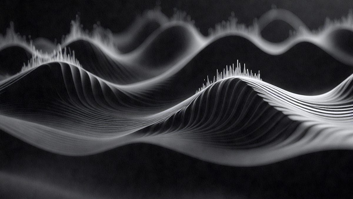 The primary subject of the image is a series of black and white waves, which appear to be a pattern or a digital art piece. The setting is a black background, which contrasts with the waves, creating a visually striking composition. The visual style is a combination of digital art and illustration, with the waves resembling a mountain range. The colors and mood of the image are predominantly black and white, giving it a minimalist and modern feel.