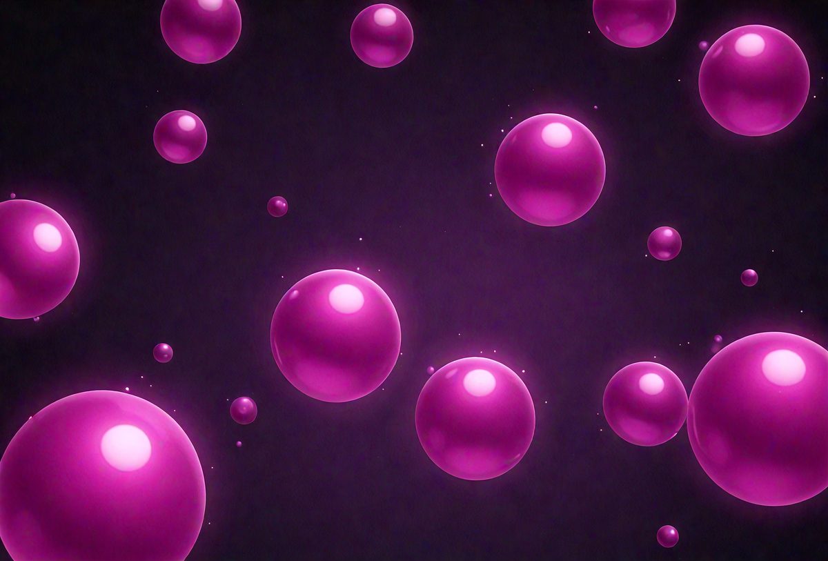 The primary subject of the image is a group of pink bubbles floating in a dark purple background. The setting appears to be a night sky, with the bubbles floating in the air. The visual style of the image is a digital art or illustration, creating a unique and captivating atmosphere. The dominant colors in the image are pink and purple, giving the scene a sense of warmth and depth.