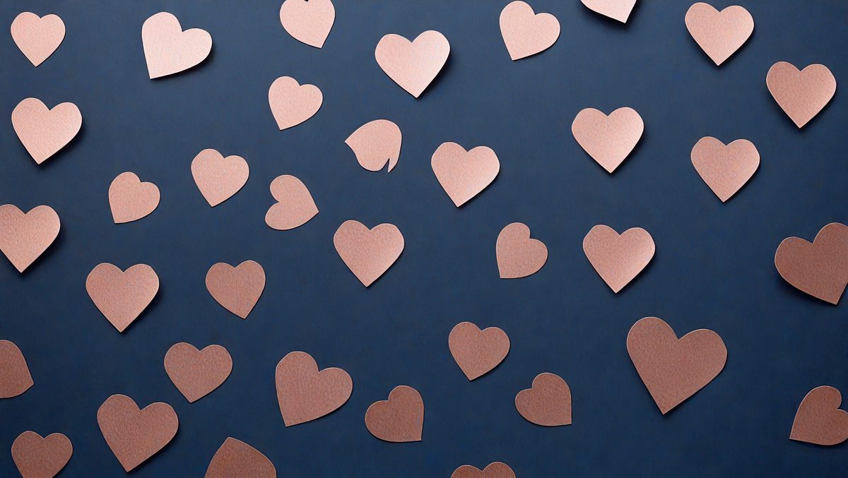 The primary subject of the image is a collection of hearts, which are scattered across a blue background. The hearts are made of paper and come in various sizes and shapes. The setting appears to be a wall or a surface where the hearts are placed, creating a visually appealing and playful display. The visual style of the image is a combination of artistic elements, such as paper hearts and a blue background, which gives it a creative and artistic appearance. The colors and mood of the image are predominantly blue and warm, with the hearts adding a touch of brightness and joy to the scene.