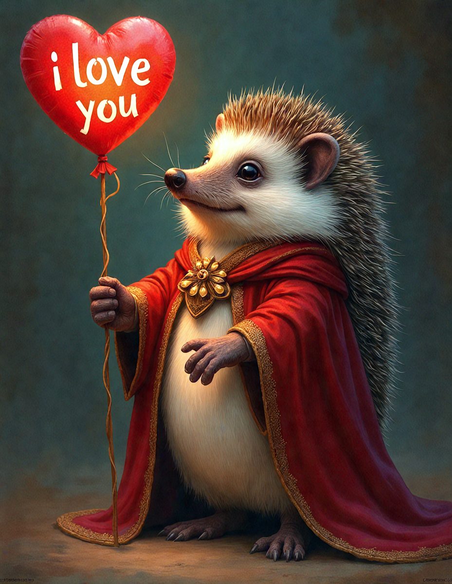 The primary subject of the image is a hedgehog holding a red heart-shaped balloon. The setting is a painting, and the visual style is digital art. The colors are predominantly red and pink, creating a warm and affectionate atmosphere.