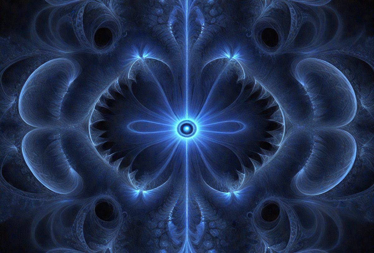 The primary subject of the image is a blue and white spiral pattern, which appears to be a digital art or illustration. The setting is a dark background, which adds to the overall mood of the image. The visual style is a combination of digital art and illustration, creating a unique and intricate design. The colors and mood of the image are predominantly blue and white, giving it a calm and serene atmosphere.
